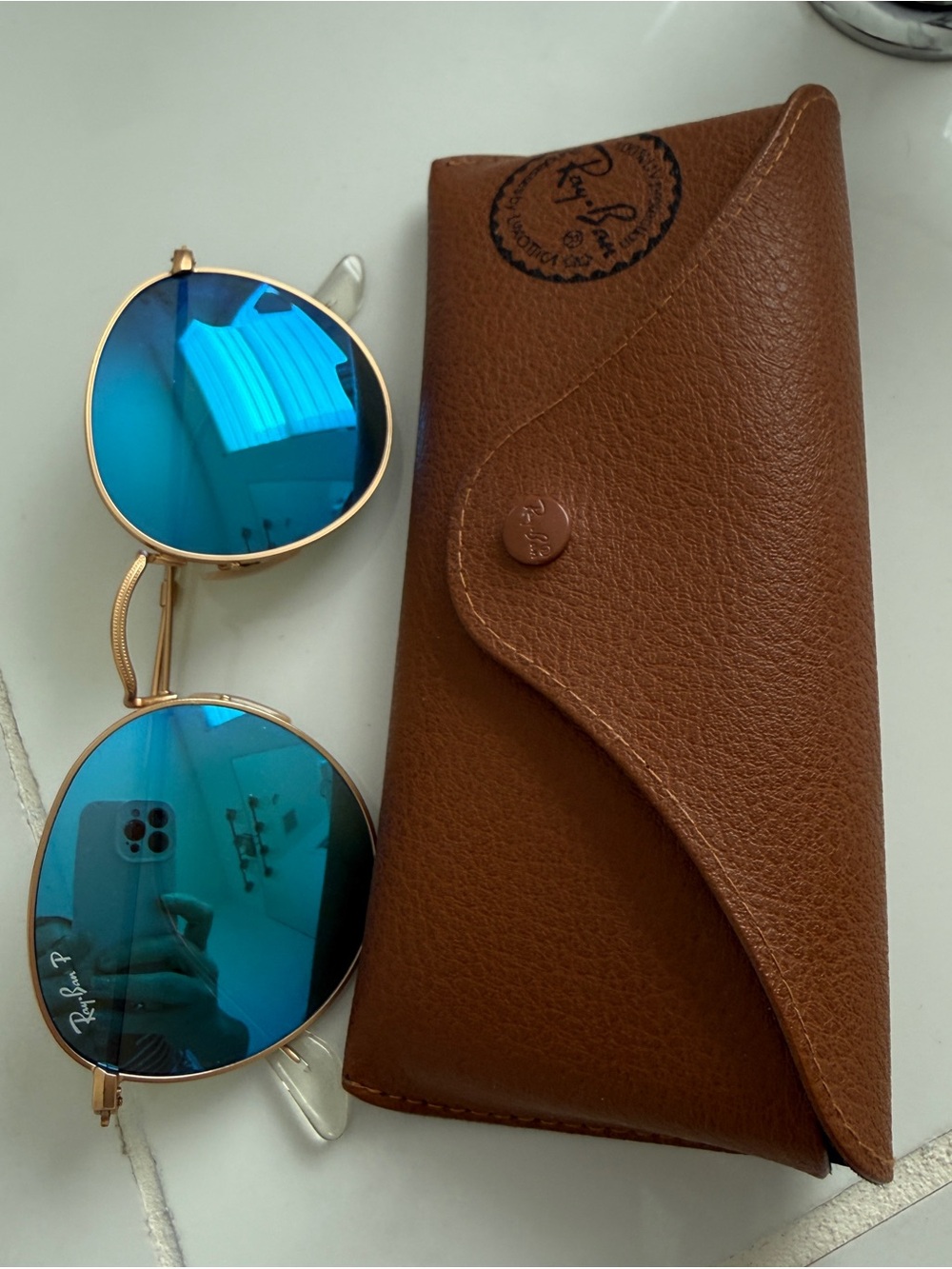 Ray-Ban Gold Frame Sunglasses with Blue Mirrored Lenses - Picture 2 of 3